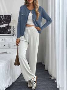 EMERY ROSE Women Casual Front Button Solid Color Cardigan, Autumn/Winter - Blue - View 3