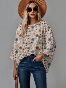 SHEIN LUNE Women Casual Retro Floral Pattern Round Neck 3/4 Sleeve Drop Shoulder T-Shirt, Suitable For Autumn/Winter