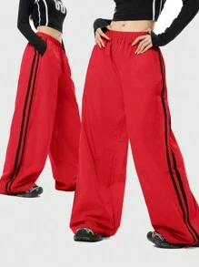 Muchica 女士复古拼色低腰休闲裤，时尚街头服饰 - 紅色 - 查看 1
