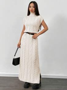 Chiquease Women High Neck Sleeveless Casual Long Knitted Sweater Dress