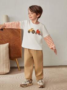 Cozy Pixies 2pcs/Set Cartoon Car Pattern Knit Soft Contrast Color Crew Neck Long Sleeve Top And Solid Color Pants Set, For Young Boy - Multicolor - View 5