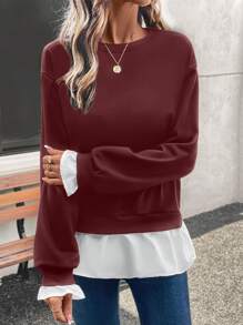 SHEIN LUNE Women's Casual Color Block 2 In 1 Pullover Sweatshirt Fall - Burgundy - View 4