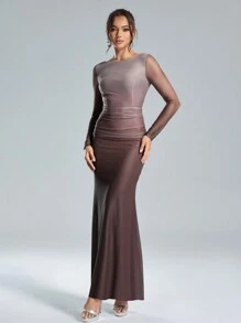 SHEIN Belle Women Ombre Color Round Neck Long Sleeve Pleated Fishtail Hem Elegant Cocktail Party Dress, Prom Semi Formal Dress, For Birthday, Wedding Guest, Graduation, Dinner, Homecoming