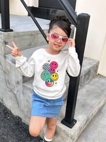 SHEIN Explorewe Girls Back-To-School Autumn School Outing White Crew Neck Sweatshirt With Colorful Smiling Face Graphic & Light Blue Denim Fitted Mini Skirt,2pcs Set - Multicolor - View 4