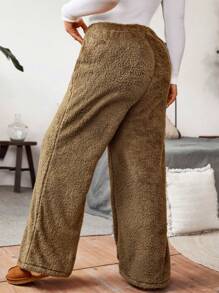 SHEIN LUNE Quần dài ống rộng màu trơn có dây rút eo thường ngày cỡ lớn, thích hợp cho mùa thu đông - Cà phê nâu - Xem 2