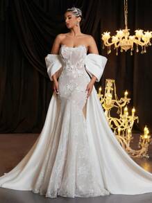 Glamrae Váy đuôi cá thêu ren và satin co giãn màu kem sang trọng lãng mạn thanh lịch, phù hợp cho đám cưới, tiệc đính hôn, tuần trăng mật, váy cưới màu trắng - Màu be - Xem 1