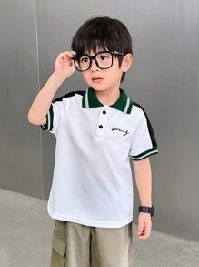 SHEIN Áo thun polo tay lỡ họa tiết tiếng Anh thoải mái, đa năng, dễ thương cho bé trai - trắng - Xem 5