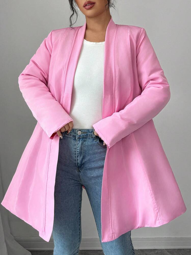 SHEIN Unity 中长款时尚棉质夹棉外套冬季服装，腰部收紧设计，打造苗条造型 - 粉色 - 查看 6