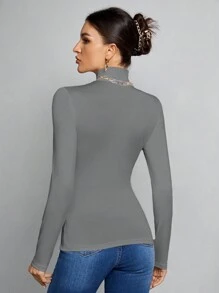 SHEIN Tall Simple Solid Color Slim High Collar White Top Suitable For Autumn And Winter, Tall Women - Grey - View 2