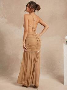 L'Amorae Crossed Back Mesh Center Slit Dress