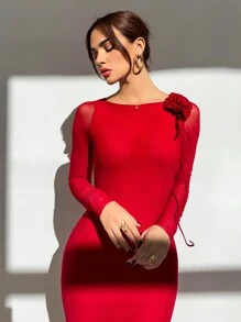 Aloruh Váy đuôi cá thêu hoa lãng mạn với chi tiết lưới cho phụ nữ trẻ - Đỏ - Xem 4
