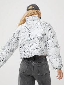 SHEIN EZwear 女士休闲日常保暖拉链全印花风衣夹克，适合冬季 - 淺灰色 - 查看 3