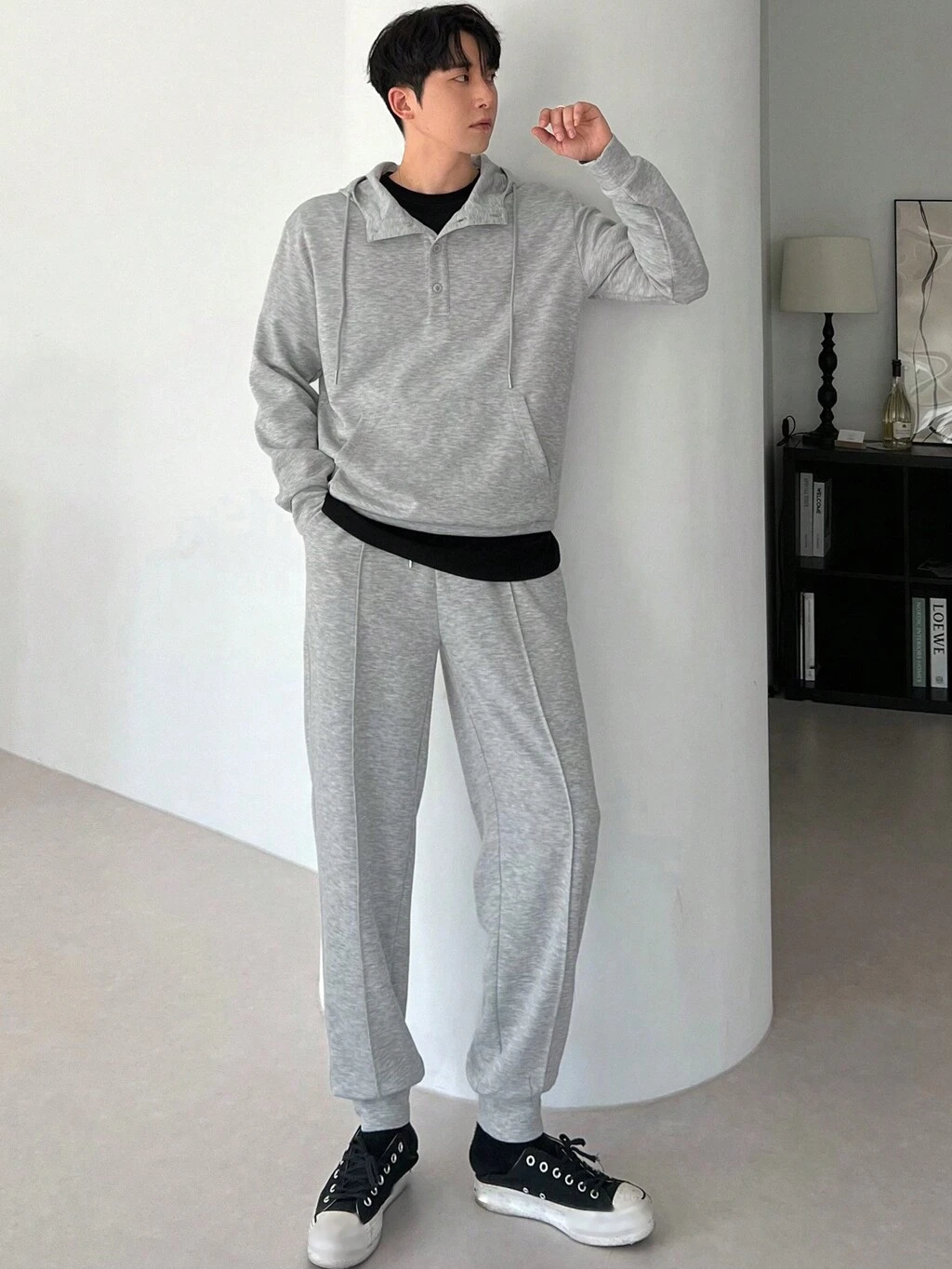 2-częściowy męski, jednokolorowy, ściągany kaptur i spodnie, zestaw, jesień