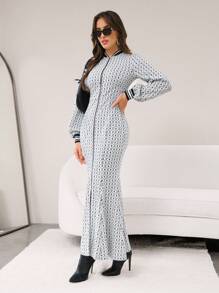 Mulvari Women Striped Collar Zip Front Long Sleeve Dress, Fashionable For Autumn