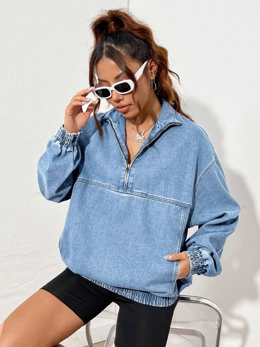 SHEIN EZwear 女式休闲水洗落肩牛仔衬衫（秋季） - 淺色水洗藍 - 查看 1