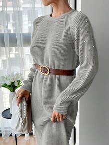 EURMUSE Round Neck Raglan Sleeve Maxi Sweater Dress With Beading - Light Grey - View 2
