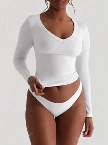 Camiseta de mujer XLLAIS con cuello en V sexy, elástica, gris, suave y casual de manga larga