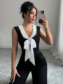 Chiquease Blusa corta de encaje tejido con lazo sin mangas, estilo dulce y picante para mujer
