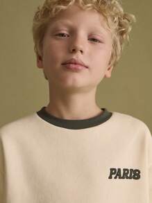 SHEIN Tween Boys Paris 文字印花宽松拼色圆领长袖运动衫，休闲运动风格，秋冬 - 黃色 - 查看 4