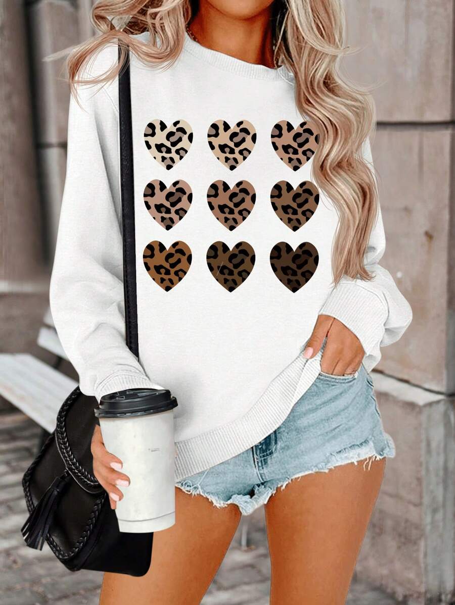 SHEIN LUNE Áo nỉ dài tay cổ tròn in hình trái tim dành cho nữ, kiểu dáng thường ngày, thích hợp mặc mùa thu. - trắng - Xem 1