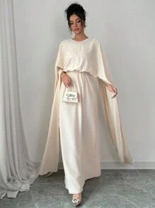 Chiquease Đầm Maxi Dự Tiệc Tay Cánh Dơi Đính Ngọc Trai Thanh Lịch Cho Nữ, Eo Dài, Trang Phục Nữ - Màu be - Xem 6