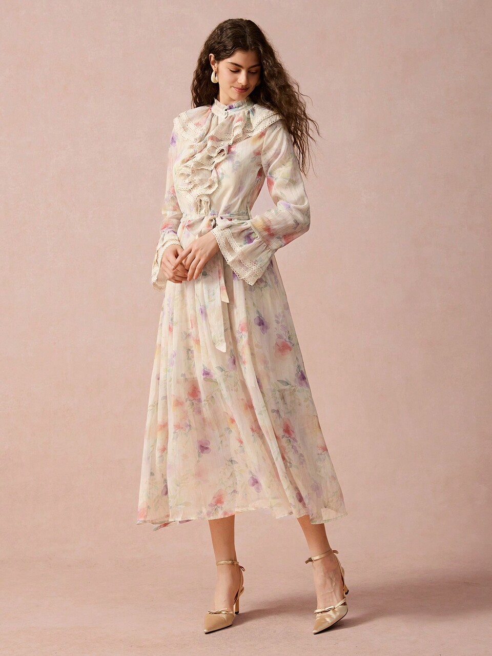 Beige Autumn Elegant Garden Party Floral Print Lace Splicing Ruffle-Trim Flare Sleeve Dress For Women,Fall Winter Long Sleeve Dress