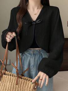 DAZY 女士彩色系带长袖优雅夹克外套 - 黑色 - 查看 1