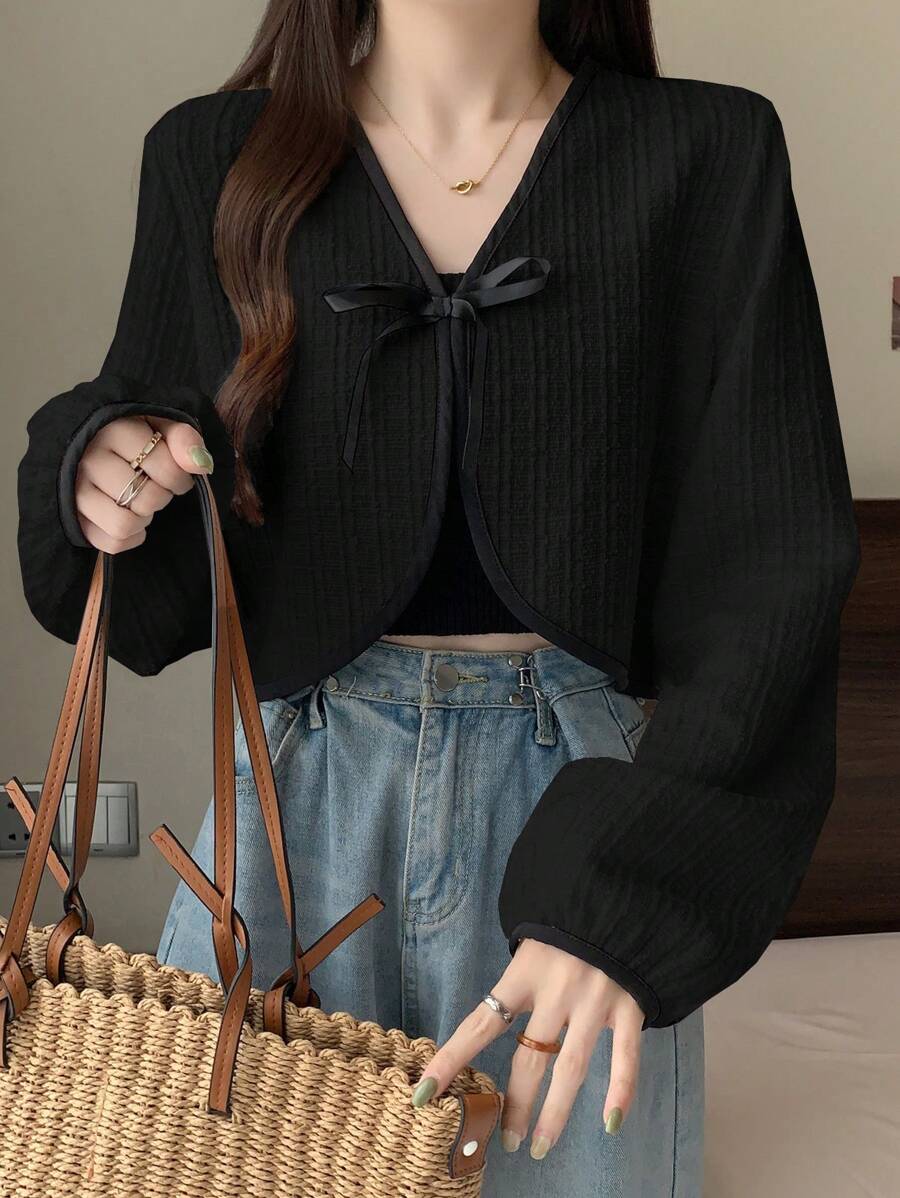 DAZY 女士彩色系带长袖优雅夹克外套 - 黑色 - 查看 1