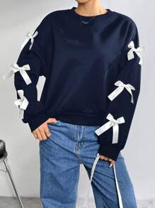 SHEIN EZwear Bowknot Strap Solid Color Round Neck Casual Loose Fit Long Sleeve Sweatshirt In Fall/Winter - Navy Blue - View 5