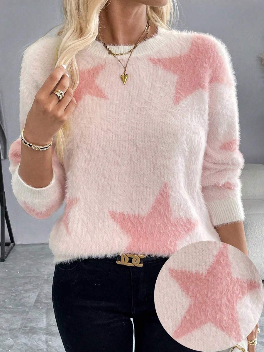 Chiquease Áo len giả cashmere dáng rộng, vai rớt, họa tiết ngôi sao, thích hợp mặc hàng ngày, mùa thu/đông, kiểu áo chui đầu. - trắng - Xem 1