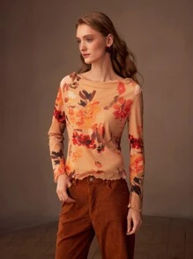 MOTF PREMIUM FLORAL PRINT BOAT NECK LETTUCE TRIM TEE