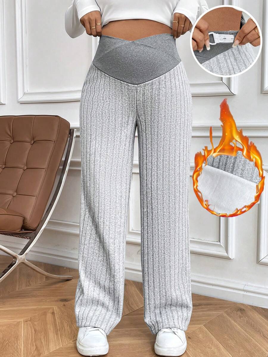 SHEIN بنطال حمل مريح من الصوف المحبوك المضلع مع بطانة دافئة لراحة الحمل في فصل الشتاء - رمادي فاتح - مشاهدة 1
