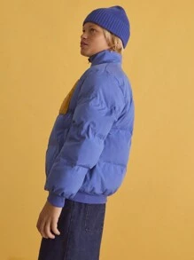 SHEIN Tween Boy Thermal Patchwork Teddy Fleece Zip-Up Stand Collar Padded Jacket, Winter - Blue - View 4