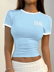 Flirla Women's Fitted Short Sleeve Contrast Trim Numeric Print T-Shirt For Summer Graphic Tees Women Tops