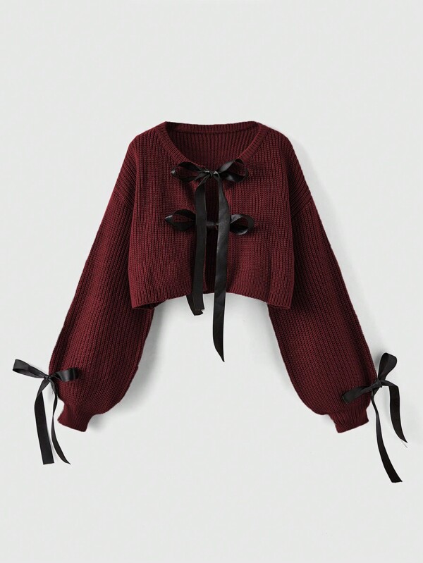 ROMWE Kawaii Chaqueta de punto holgada con manga linterna, decoración de lazo y estilo Himekaji (estilo princesa) para tallas grandes