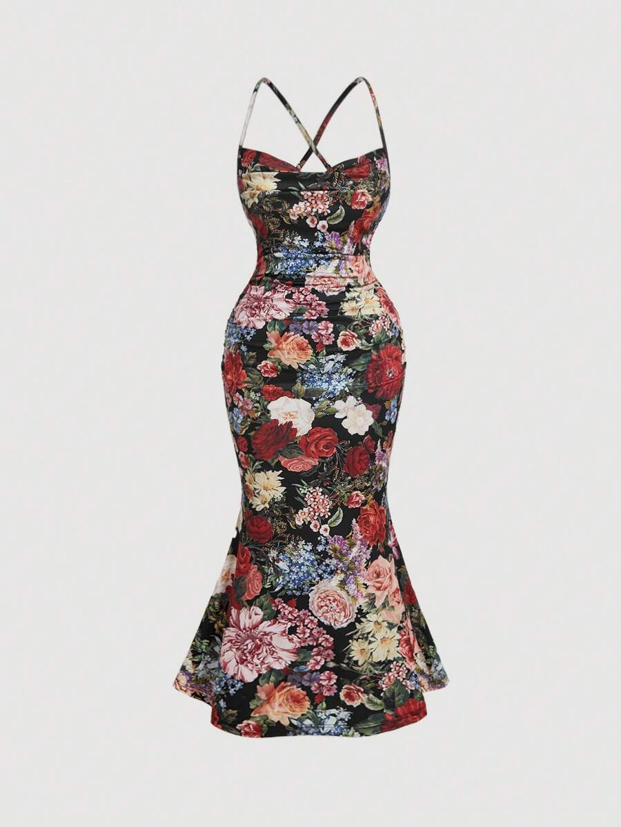 SHEIN MOD Maxikleid mit tiefem drapiertem Ausschnitt, Fischrücken-Schlitz und Vintage-Palast-Stil Muster, Große Größen - Verschiedenfarbig - Übersicht 1