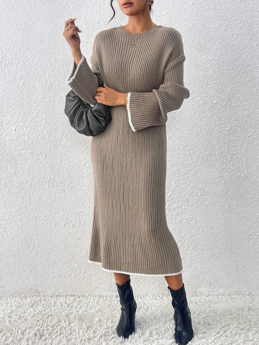 Chiquease Color Block Edge Casual Loose Knit Dress Fall Cloth For Women - Khaki - View 1