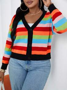 Maweii Plus Size Casual Color Blocked Striped Cropped Cardigan, Autumn/Winter - Black - View 3