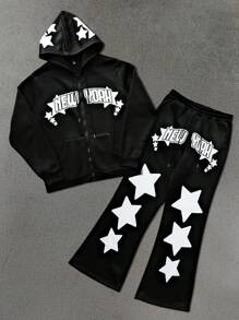 Manfinity Homme Conjunto de Moletom e Calça Plus Size de Homens, Casual, Estampa de Letra e Estrela, Outono