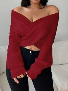 Chiquease Áo len chui đầu dệt kim rộng rãi quấn chéo phía trước, đa năng thường ngày dài tay - Màu Đỏ Sâu - Xem 3