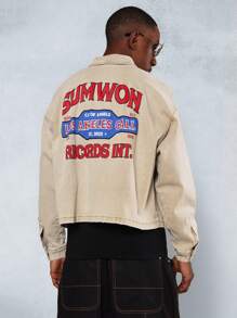 SUMWON Cropped Washed Denim Long Sleeve Shirt With Back Graphic Print - Khaki - View 1