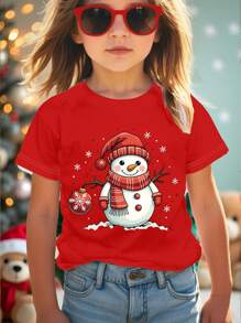 SHEIN Christmas Cute Snowman Pattern Casual Minimalist Short Sleeve Round Neck T-Shirt For Tween Girls, Suitable For Summer
