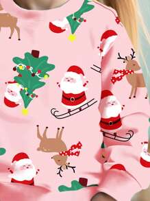 SHEIN Pull ample et confortable en tricot à col ras-du-cou pour bébé fille, avec imprimé mignon du père Noël, des rennes et d'un sapin de Noël