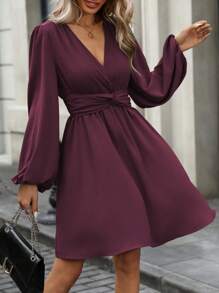 EMERY ROSE Robe élégante courte femme, col V couleur unie, manches lanternes avec nœud à la taille, automne - Bordeaux - Voir 3