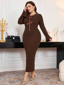Modelyn Plus Size Elegant Solid Color Ribbed 3D Floral Decor Flare Sleeve Fitted Midi Dress, Spring/Autumn Long Evening Dresses - Coffee Brown - View 1