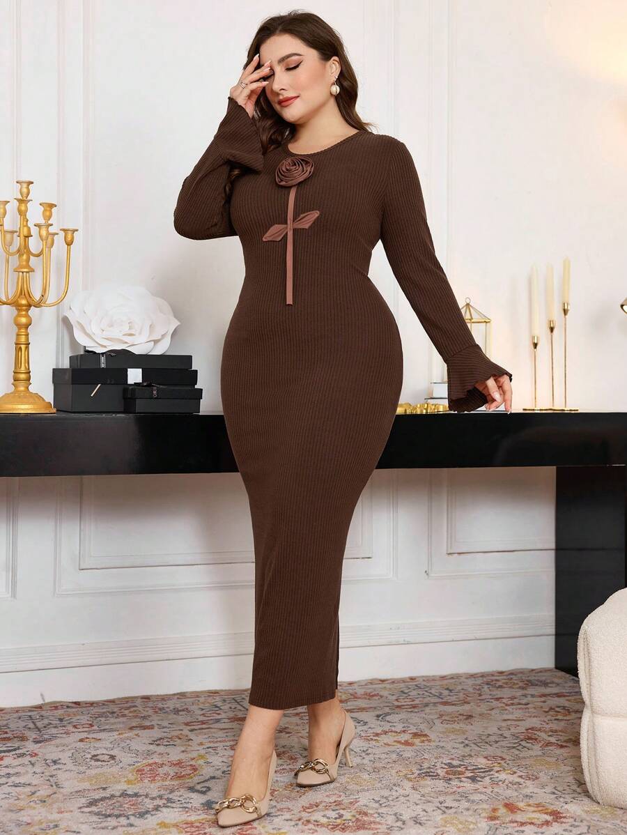 Modelyn Plus Size Elegant Solid Color Ribbed 3D Floral Decor Flare Sleeve Fitted Midi Dress, Spring/Autumn Long Evening Dresses - Coffee Brown - View 1