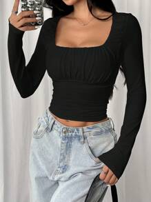 SHEIN EZwear Women's Autumn Season Ruched U-Neck Cinched Waist Long Sleeve T-Shirt - Black - View 5
