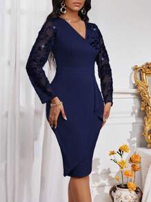 Fleurora 四季长袖连衣裙 新年夜连衣裙 节日连衣裙 女士派对连衣裙 短款圣诞连衣裙 优雅蓝色连衣裙 秋季连衣裙 返校节连衣裙 花卉亮片 V 领网眼长袖荷叶边下摆修身秋季连衣裙 女士中长连衣裙 - 藏蓝色 - 查看 6