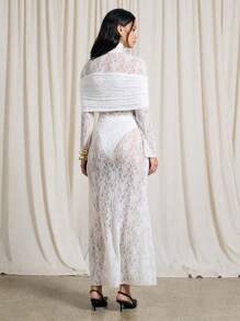 AiiRZ Sheer Lace High Neck Long Sleeve Side Slit Midi Dress - White - View 2