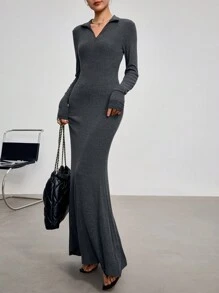 EastFlair Sexy Form-Fitting Zip-Up Collar Long Sleeve Mermaid Bodycon Dress